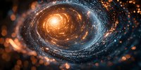 Spiral galaxy with glowing orange center and blue cosmic dust swirling in deep space, creating dramatic celestial formation against dark background.