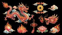 Colorful Chinese dragon clipart set with lucky coin, lotus, fire, clouds, and knot, isolated on transparent background. Great for T-shirts, stickers, print on demand.