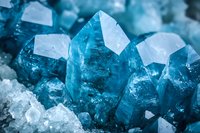 Macro shot of bright blue aquamarine crystal formation with translucent edges and natural geometric shapes against white mineral background. Geology concept.