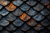 Dark textured scales pattern with orange glowing elements creating dragon-like surface, abstract background with dramatic lighting and metallic effect.