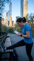 Young woman with dark hair in athletic wear checking fitness tracker during outdoor workout in urban park with skyscrapers in background. Suitable for health, wellness, and fitness content.