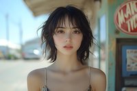 Young Asian woman with short black tousled hair and natural makeup in soft sunlight, looking directly at camera with gentle expression, wearing casual summer attire.