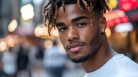 Young African American man with twisted dreadlocks and diamond earring looking thoughtfully into distance against blurred urban nightlife background with bokeh lights.