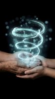 Glowing DNA helix emerging from adult and child hands together, symbolizing genetic inheritance, scientific research, and family connection in biotechnology and medicine.