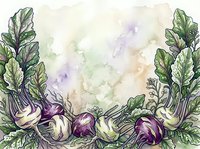 Watercolor illustration of fresh purple and white root vegetables with leafy greens arranged as border frame on soft neutral background, suitable for culinary, organic, and farm-to-table design projects.