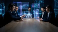 Business team analyzing holographic financial data and charts in modern conference room with digital technology displays for strategic planning.