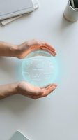 Male hands holding glowing holographic sphere displaying core values, business metrics, and digital icons on white desk workspace with notebook and coffee cup.
