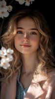 Young Caucasian woman with wavy blonde hair and natural makeup smiling gently in soft sunlight with white spring blossoms, creating romantic spring mood for beauty and lifestyle content.