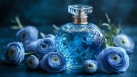 Elegant blue glass perfume bottle with ornate crystal pattern surrounded by fresh blue ranunculus flowers on dark textured background in moody lighting.