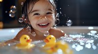 Young Asian girl laughing during bath time with yellow rubber ducks, splashing water and soap bubbles creating joyful childhood moment. Natural lighting adds warmth.