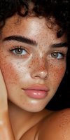 Close up portrait of young woman with natural freckles, amber eyes, and curly dark hair showing natural beauty and glowing skin. Makeup-free facial features.