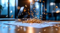 Glowing metal shavings exploding upward against dark blue background, creating dynamic industrial sparks and fragments on reflective surface.