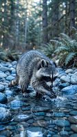 Raccoon washing food in forest stream surrounded by rocks and ferns in natural woodland habitat for wildlife and nature content.