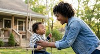African American mother pushing happy toddler son on backyard swing during sunny afternoon playtime creating joyful family bonding moments.