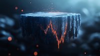 Glowing red financial chart on dark blue ice platform, floating in mysterious space with bokeh light effects and digital particles.