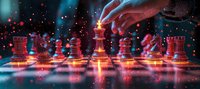 Glowing red chess pieces on reflective surface with magical smoke effects and particles, dramatic lighting creates mystical atmosphere in dark panoramic setting.