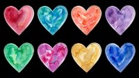 Colorful watercolor hearts set isolated on transparent background, ready for Valentine's Day cards, stickers, t-shirt designs, sublimation, and print on demand projects.