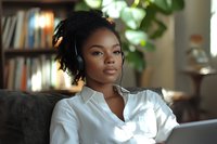 Young African American woman wearing headphones and white shirt working remotely from home office, sitting on couch with natural lighting and bookshelf background.
