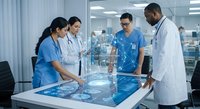 Diverse medical team of doctors and nurses collaborating around interactive digital table in modern hospital setting for patient care planning.
