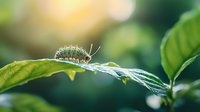 Tiny spiky caterpillar crawling on green leaf with morning dew drops, macro nature photography against blurred garden background with sunlight bokeh effect.