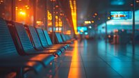 Empty airport terminal with blue and orange lighting, rows of vacant seats creating atmospheric night scene for travel concepts.