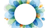 Abstract floral frame with colorful petals in blue, green and orange tones surrounding white circle for text or logo placement on transparent background.