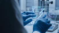 Medical researcher analyzing DNA data on futuristic holographic interface in modern laboratory for genetic research and biotechnology applications.