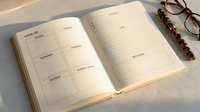 Open weekly planner notebook with organized layout sections for scheduling and goal tracking, accompanied by stylish eyeglasses on neutral surface.