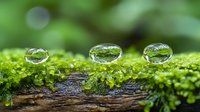 Pristine water drops on green moss covered tree bark create magical macro nature scene with bokeh background, showcasing environmental purity and natural harmony.