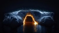 Mysterious glowing cave entrance reflected in dark water with ethereal light particles creating magical atmosphere, fantasy landscape for book covers and posters.
