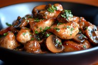 Juicy sauteed shrimp with mushrooms and fresh herbs in dark sauce served in black ceramic bowl, close up view of seafood dinner preparation.