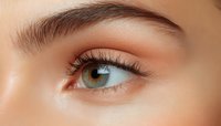 Close up macro shot of green eye with natural makeup, long eyelashes, and groomed eyebrow showing professional beauty work and cosmetic application technique.