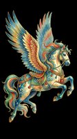 Ornate winged horse with intricate decorative patterns in blue, gold, and orange tones, isolated on transparent background. Ready for t-shirts, clipart, stickers, and print-on-demand designs.