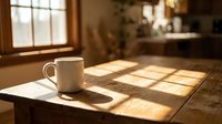 Ceramic mug on wooden table with warm sunlight streaming through window, creating geometric shadows in cozy interior space for lifestyle and home decor.