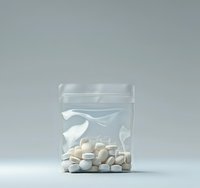 White round pills in clear plastic zip lock bag on neutral background, pharmaceutical and medical concept for drug safety and prescription medication storage.