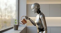Humanoid robot watering small plant with copper watering can in modern kitchen, artificial intelligence caring for nature indoors.