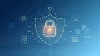 Digital cybersecurity shield with padlock icon surrounded by network connections and security symbols on blue technology background for data protection.