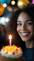 Happy young African American woman celebrating birthday with cake and candle against colorful bokeh lights background for party celebrations.