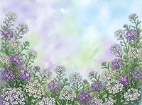 Watercolor floral border with purple and white wildflowers on soft pastel background, perfect for greeting cards and spring designs.