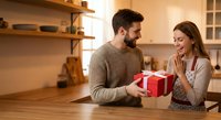 Young couple sharing romantic moment as man gives woman red gift box in cozy modern kitchen during evening celebration.