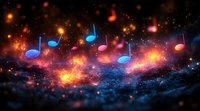 Glowing musical notes float against cosmic background with orange and blue nebula effects, creating magical atmosphere for music and space concepts.