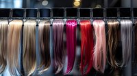 Colorful hair extensions displayed in salon, ranging from blonde to vibrant pink, red, and natural brown tones, showcasing variety for stylists and clients.