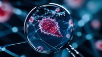 Magnifying glass examining red virus cell structure with detailed molecular connections on dark background, scientific research concept for medical studies.