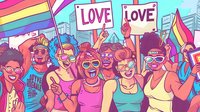 Diverse group celebrating at Pride parade with rainbow flags and love signs, illustration in vibrant pink and blue colors perfect for LGBTQ+ themes, equality campaigns and social media content.