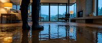 Water damage flooding modern apartment interior with person standing in ankle-deep water, emergency home disaster requiring restoration services.