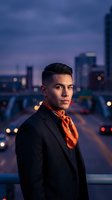 Young Hispanic businessman in elegant black suit with orange scarf standing confidently against blurred city skyline at dusk with bokeh lights.