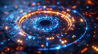 Futuristic digital circular pattern with glowing orange and blue lights creating a technological portal effect, perfect for cybersecurity and AI concepts in business presentations.