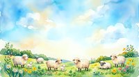 Watercolor illustration of a pastoral farm scene with sheep grazing in a sunny meadow surrounded by green fields, wildflowers, and trees under a bright blue sky.
