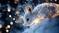 Magical winter bunny portrait with sparkles and bokeh lights against snowy blue background, close up of rabbit face with glowing particles and frost effect.