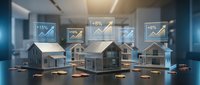 Real estate investment analysis with miniature house models and financial growth charts displaying market performance data on modern office desk.